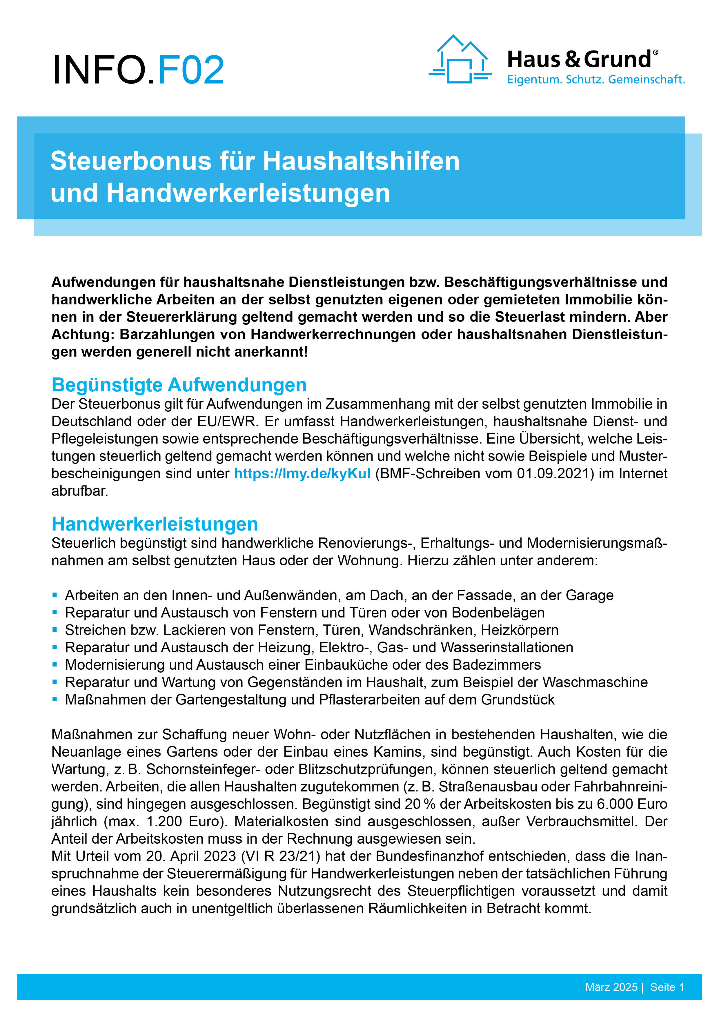 F02 Steuerbonus Haushaltshilfen und Handwerker