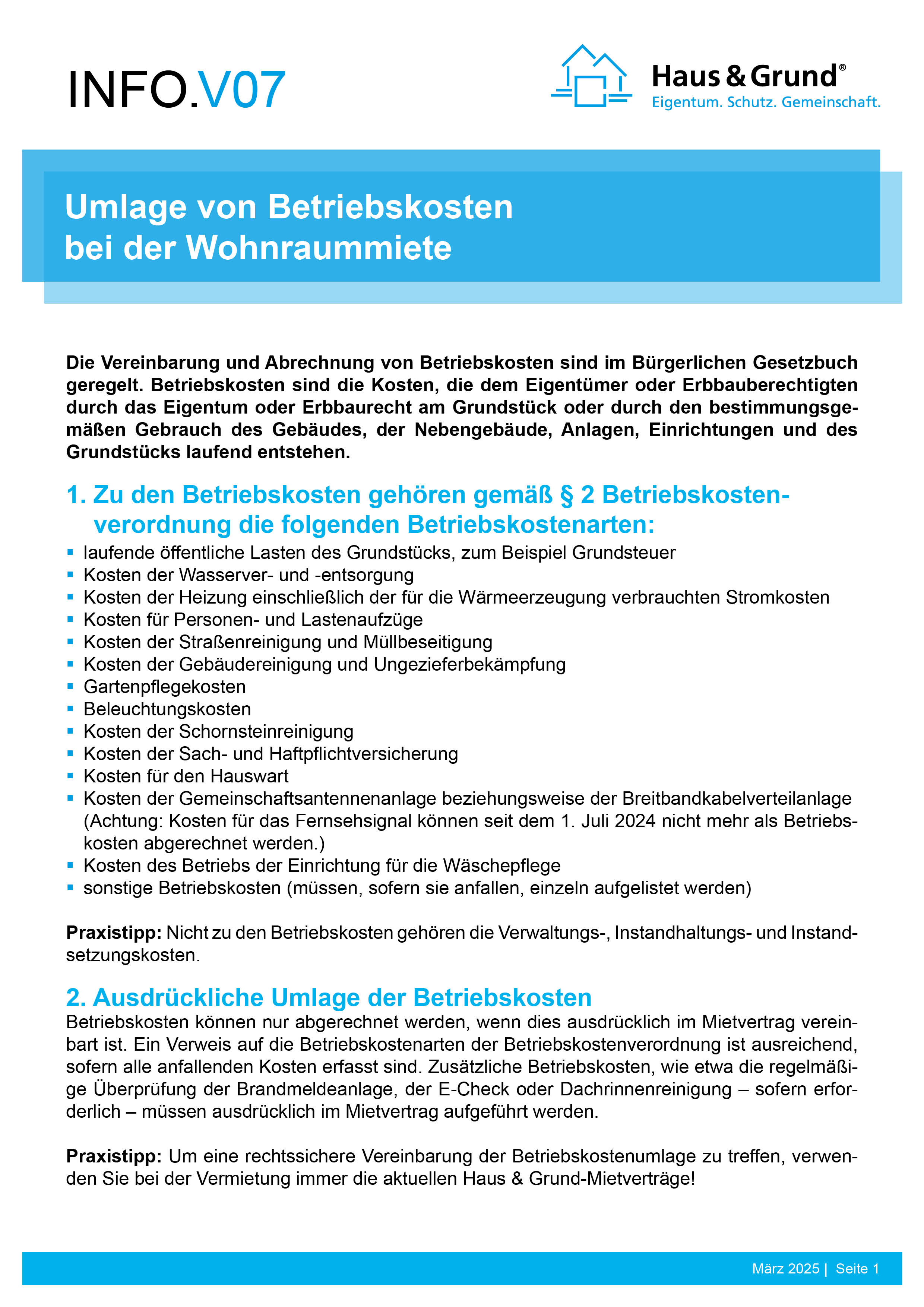 V07 Umlage von Betriebskosten bei Wohnraummiete