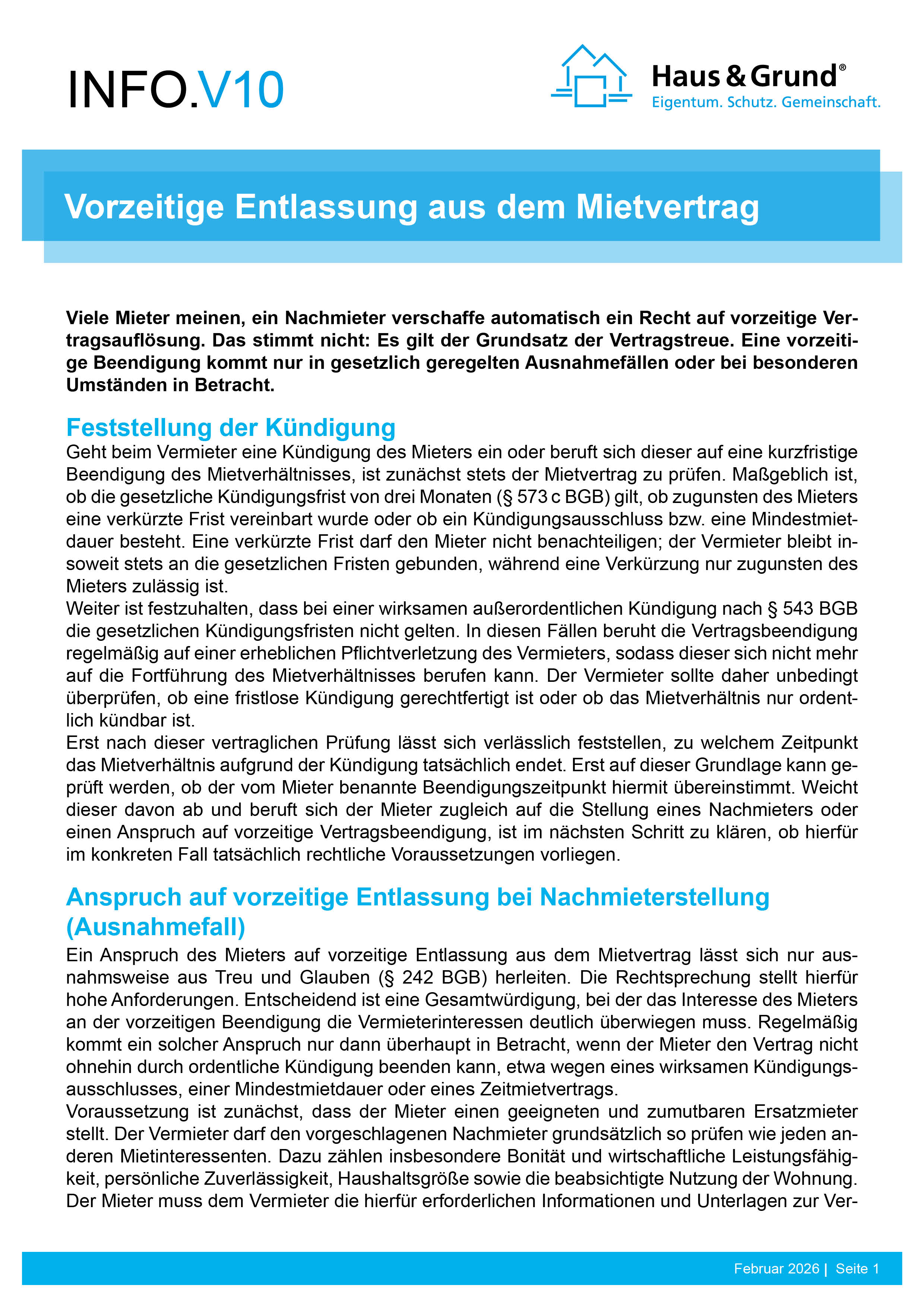 V10 Vorzeitige Entlassung aus dem Mietvertrag