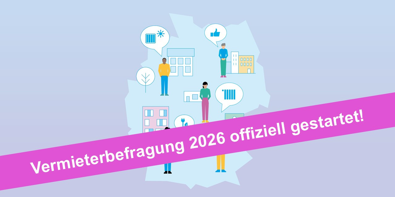 Eine Illustrierte Deutschlandkarte mit einem Störer, der auf die gestartete Vermieterbefragung aufmerksam macht