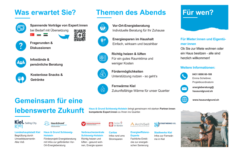 Im Fokus stehen u.a. die Themen Vor-Ort-Energieberatung, Energiesparen im Haushalt sowie Fernwärme in Kiel.