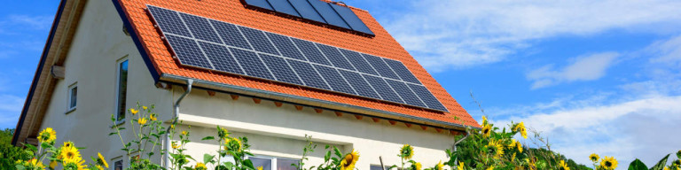 Einfamilienhaus mit Solarzellen hinter Sonnenblumen