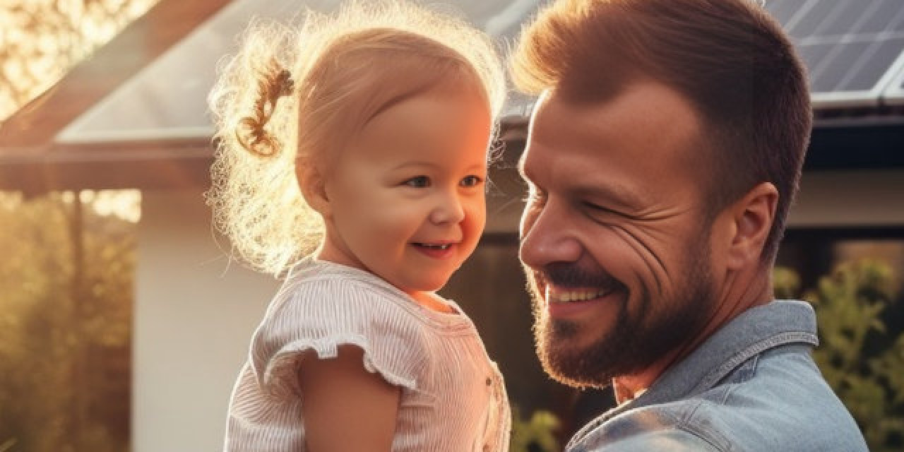 Vater und Tochter vor Haus mit Photovoltaik-Installation