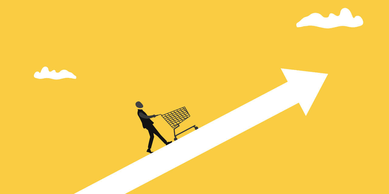 Grafik: Mann schiebt Einkaufswagen einen Pfeil hinauf