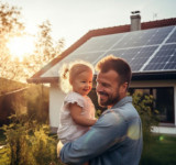 Vater und Tochter vor Haus mit Photovoltaik-Installation