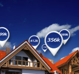 Immobilienpreise als Kartenmarkierungen über Hausdächern