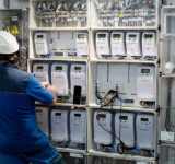 Techniker vor Schrank mit Stromzählern