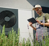 Techniker prüft Wärmepumpe an einem sonnigen Tag