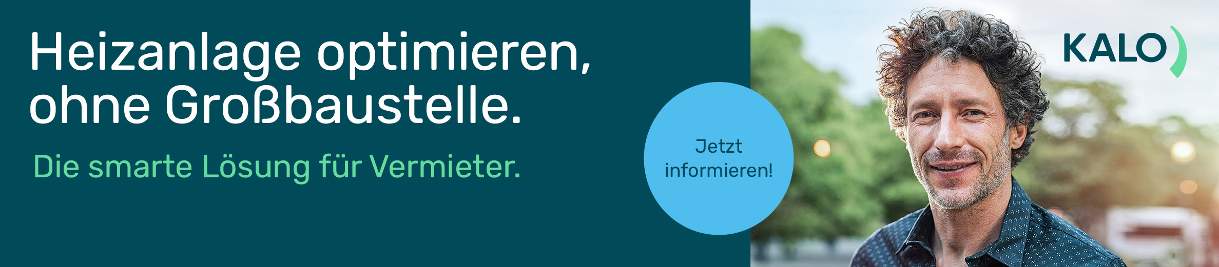 Banner mit Text "Heizanlage optimieren, ohne Großbaustelle. Die smarte Lösung für Vermieter." und einem Mann mit kariertem Hemd vor unscharfem Hintergrund
