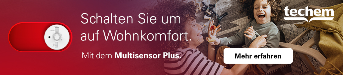Banner mit einem Mann und einem Kind, die zusammen auf einem Sofa sitzen, daneben Text 'Schalten Sie um auf Wohnkomfort. Mit dem Multisensor Plus.' und ein Button mit 'Mehr erfahren', rechts oben das Logo 'techem'