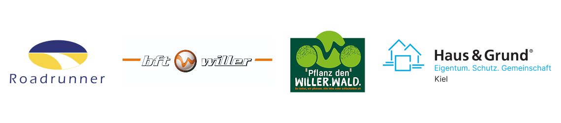 Vier nebeneinander angeordnete Logos von Roadrunner, bft Willer, Pflanz den Willer Wald und Haus & Grund Kiel