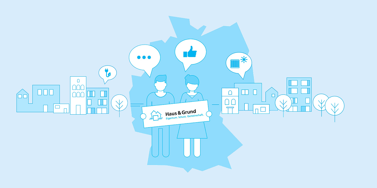 Zwei stilisierte Personen halten ein Schild mit dem Schriftzug 'Haus & Grund Eigentümer- und Vermieterverein' vor einer schematischen Deutschlandkarte und mehreren Gebäuden und Bäumen