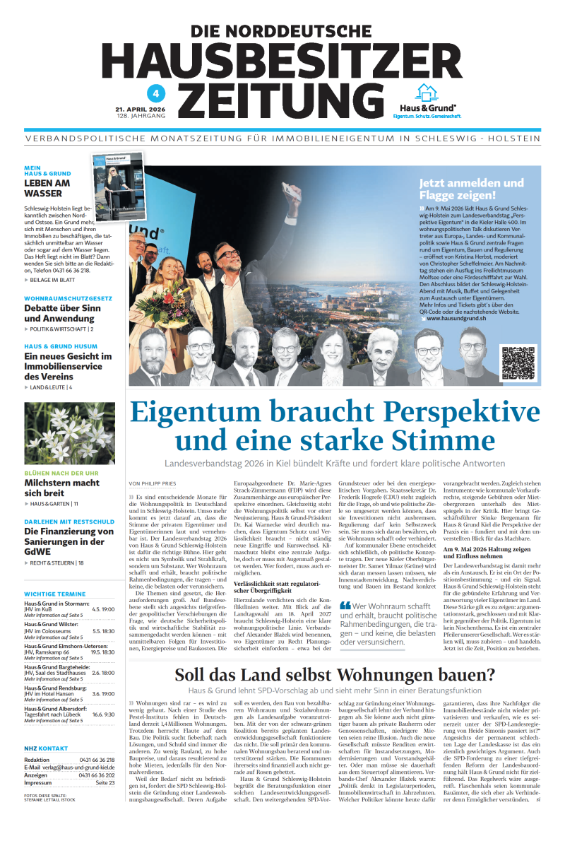 Titelseite der Norddeutschen Hausbesitzer Zeitung mit Überschrift und mehreren Fotos von Menschen bei einer Veranstaltung