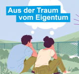 Zwei Personen sitzen auf einer Wiese vor einem Zaun und blicken in die Ferne, darüber der Text 'Aus der Traum vom Eigentum'