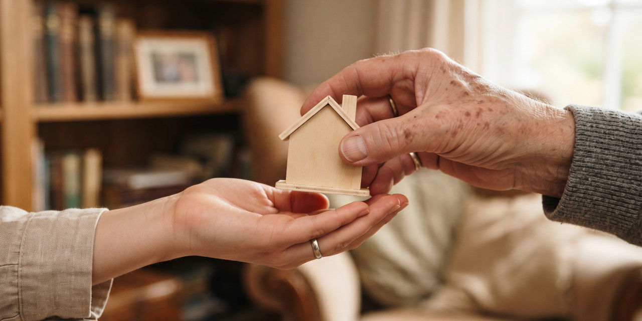 Die Hand eines älteren Menschen übergibt ein kleines Modellhaus in jüngere Hände